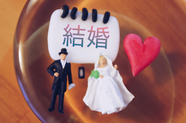 結婚の文字とスーツとドレスの男女の人形